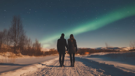 A romantic scene depicting a couple walking hand in hand on a snowy path beneath stunning northern lights, creating a magical winter atmosphere.の素材