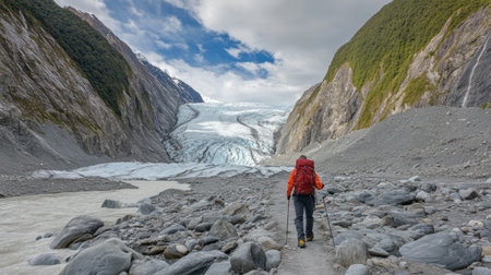 A lone hiker journeys through a breathtaking glacier landscape, surrounded by towering mountains and clear skies, highlighting the beauty of nature.の素材