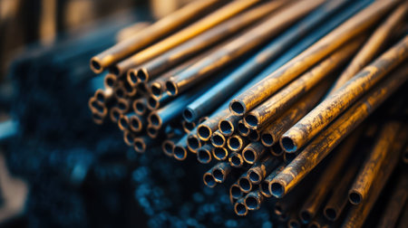 This image captures a close-up view of bundled metal pipes, showcasing their texture and color variations in an industrial environment.の素材