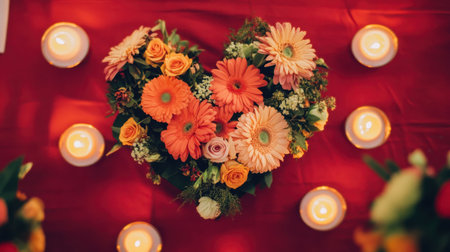 A captivating heart-shaped floral arrangement featuring vibrant orange gerbera daisies, surrounded by soft candlelight on a red tablecloth, ideal for romantic occasions.の素材