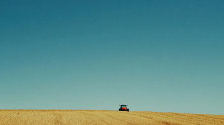 A solitary tractor stands on a golden wheat field, creating a peaceful scene under a clear blue sky. This image captures the essence of rural life and agricultural productivity.の素材