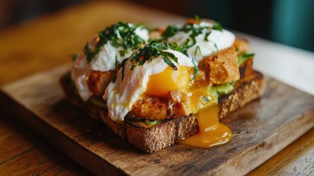 This photo showcases a gourmet breakfast of poached eggs on toasted bread, garnished with fresh greens, served on a rustic wooden board. Perfect for food lovers!の素材