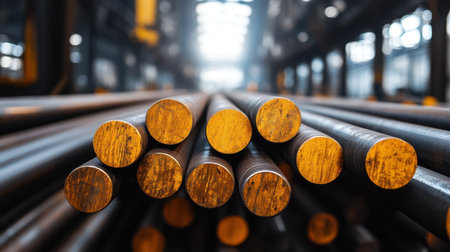 This image presents a close-up view of steel rods stacked in an industrial warehouse. Soft lighting highlights their texture, creating a captivating and composed atmosphere.の素材
