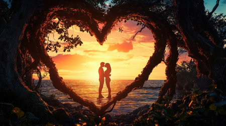 A breathtaking image capturing a couple in a tender embrace during sunset, framed by heart-shaped trees on a tranquil beach, evoking love and connection.の素材