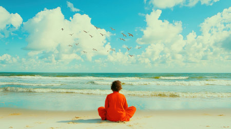 A peaceful scene featuring an individual meditating on a sandy beach, surrounded by a stunning ocean view under a vibrant blue sky filled with clouds and birds.の素材