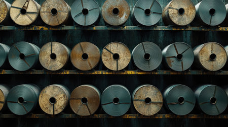 A detailed view of industrial steel coils organized on shelves, showcasing a blend of textures and colors that highlight the manufacturing processes in a factory.の素材