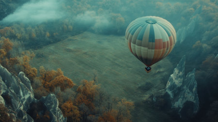 A stunning aerial view of a colorful hot air balloon gracefully floating over a vibrant autumn landscape, surrounded by impressive cliffs and a misty ambiance.の素材
