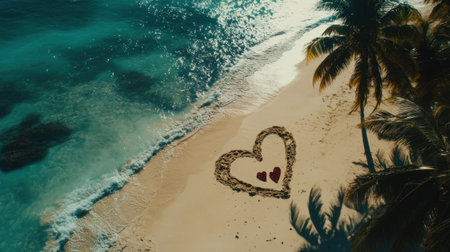 Aerial view of a heart shape crafted from sand and stone on a picturesque tropical beach, surrounded by palm trees and clear blue waters, evoking romance.の素材