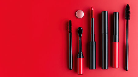 A striking collection of red makeup items arranged on a bold red surface, capturing the essence of contemporary beauty and fashion aesthetics. Perfect for marketing.の素材