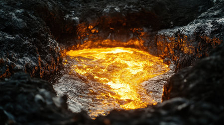 This captivating image showcases a vibrant lava flow glowing within a volcanic crater, surrounded by stark black rocks and ash, capturing the raw beauty of nature's power.の素材
