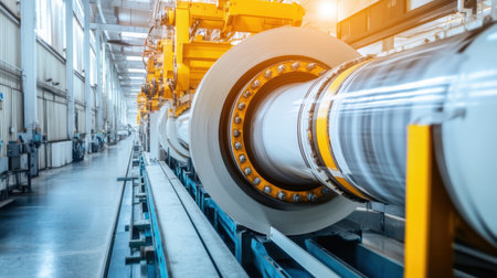 A wide-angle view of an industrial manufacturing facility showcasing large pipes on automated lines. The modern warehouse highlights advanced equipment and technology used for efficient production processes.の素材