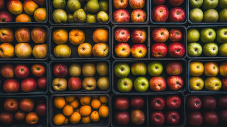 This image showcases a vibrant assortment of fresh fruits arranged in crates, highlighting the beauty of natural colors and textures. Perfect for promoting healthy eating, nutrition, and organic products.の素材