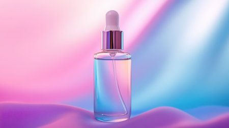 This stunning image features a glass dropper bottle filled with liquid, set against a backdrop of softly draped pastel silk fabric, perfect for beauty promotions.の素材