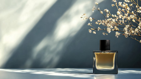 This image features an elegant glass perfume bottle accompanied by delicate flowers, casting soft shadows on a minimalist background, radiating beauty.の素材