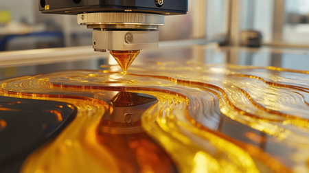 This close-up image captures a laser cutting machine at work, with a vibrant and glossy liquid material flowing beautifully on the industrial surface, showcasing the precision and artistry in modern manufacturing techniques.の素材