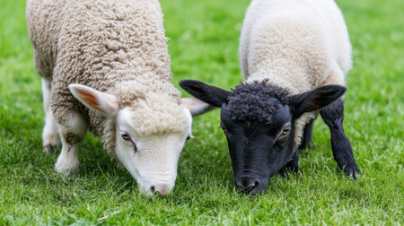 Two playful lambs, one black and one white, are grazing side by side on a lush green field, showcasing the beauty of nature and animal diversity.の素材
