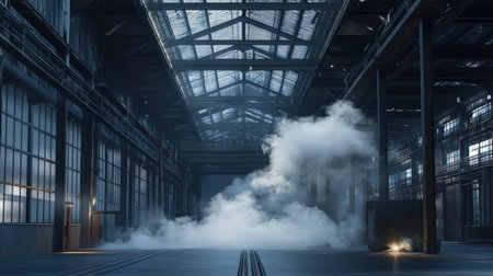 This captivating image showcases a vast industrial space with dramatic lighting and mist, creating an atmospheric depth that invites exploration and imagination.の素材