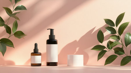This image showcases a sophisticated arrangement of skincare products against a soft pink backdrop, complemented by lush green leaves casting gentle shadows.の素材