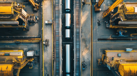 This aerial shot showcases an industrial facility with heavy machinery and rail containers, highlighting the complexity of logistics and manufacturing operations.の素材