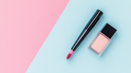 Capture the essence of beauty with this stylish flat lay featuring a lipstick and nail polish against a colorful background, perfect for beauty enthusiasts.の素材