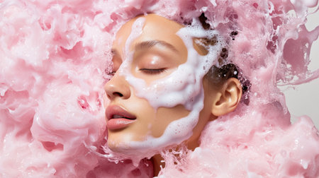 A stunning close-up image of a woman's face enveloped in soft pink foam, expressing serenity and beauty. Ideal for skincare and cosmetics themes.の素材