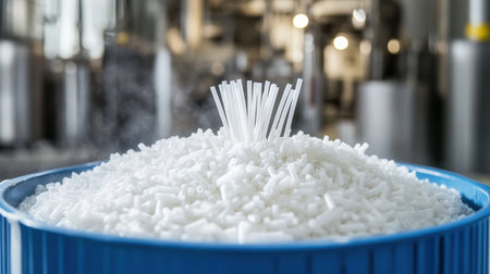 A close-up view of white granules in a blue container showcases an industrial environment, emphasizing the production process and raw material usage.の素材