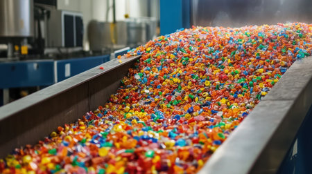 A vibrant array of colorful plastic pellets cascades down a conveyor belt in an industrial manufacturing facility, showcasing the materials used in production.の素材
