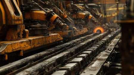 This image captures a detailed view of industrial machinery in action during metal processing, showcasing sparks and smoke, emphasizing the dynamic factory environment.の素材