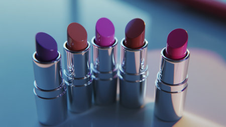 A captivating arrangement of colorful lipsticks in sleek silver tubes, showcasing vibrant hues on a modern reflective surface, perfect for beauty enthusiasts.の素材