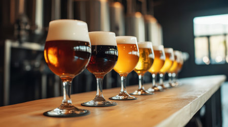 A stunning display of various craft beers in elegant glasses, each showcasing distinct colors and foam, set against a modern brewery backdrop.の素材