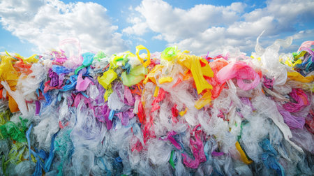 A vibrant pile of plastic waste showcases a mix of colors against a bright sky dotted with fluffy clouds, emphasizing environmental concerns.の素材