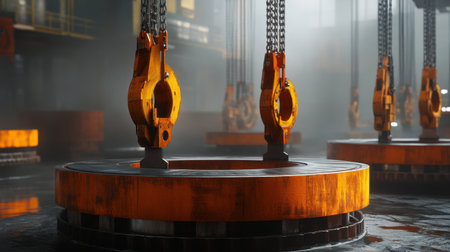 This image showcases industrial equipment featuring heavy lifting cranes with orange gear inside a warehouse. The atmosphere includes dim lighting and fog, creating an intriguing industrial scene.の素材