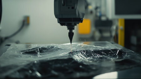 This image showcases a precision cutting process in a manufacturing setup, highlighting advanced technology and machinery in a controlled environment.の素材