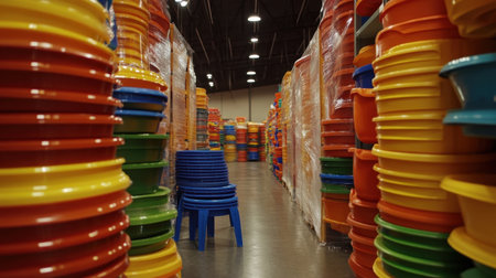 A vibrant warehouse scene featuring colorful plastic containers and chairs neatly stacked in a spacious aisle, showcasing an organized and dynamic retail environment.の素材