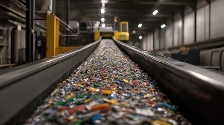 A detailed view of a conveyor belt in a recycling facility, showcasing mixed plastic waste being processed, highlighting industrial machinery and a commitment to sustainability.の素材