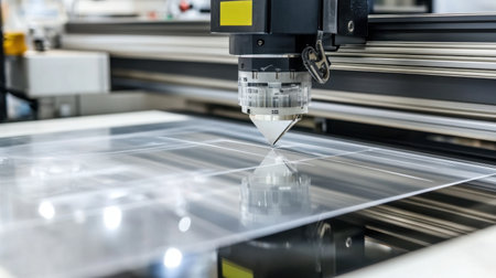A close-up view of an advanced laser cutting machine operating with precision on a transparent material, showcasing modern technology in manufacturing.の素材