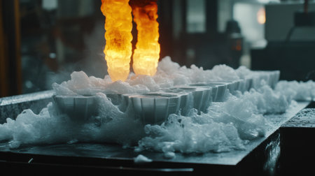 A captivating scene of molten material glowing brightly as it interacts with foamy bubbles in an industrial factory environment. The intense heat and movement create a dramatic visual display of craftsmanship and technology in action.の素材