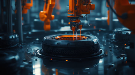 A captivating view of high-tech industrial robots engaged in the tire manufacturing process, showcasing automation, efficiency, and precision in modern production.の素材