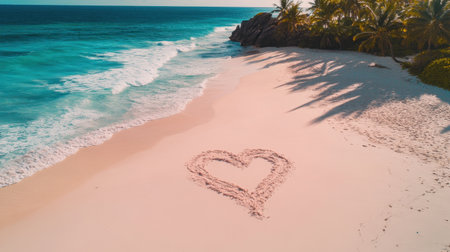 A stunning aerial view of a heart shape drawn in soft sand on a tropical beach, complemented by gentle ocean waves and palm trees.の素材