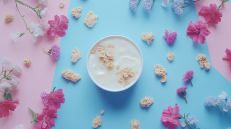 A beautiful yogurt bowl is artfully placed in the center, surrounded by delicate flower petals on a pastel blue and pink background, ideal for healthy lifestyle imagery.の素材