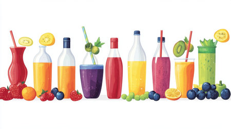 A vibrant collection of fresh fruit juices and smoothies displayed in various bottles and glasses, perfect for a healthy and refreshing lifestyle choice.の素材