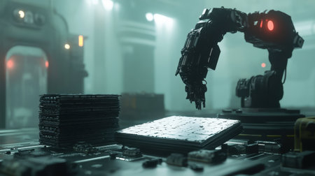 A high-tech robotic arm operates seamlessly within a futuristic manufacturing facility, highlighting the blend of automation and advanced machinery in production processes.の素材