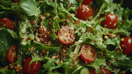 A close-up of a fresh mixed green salad featuring vibrant cherry tomatoes and crunchy seeds, perfect for a healthy meal or snack.の素材
