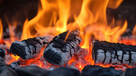 This captivating image showcases glowing charcoal surrounded by vibrant flames, creating an intense and cozy atmosphere perfect for outdoor gatherings.の素材