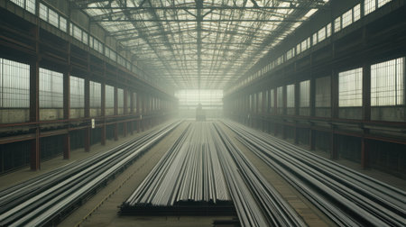 This image captures a spacious steel warehouse featuring neatly organized metal pipes. Natural light streams through large industrial windows, creating an atmospheric and extensive environment ideal for manufacturing and storage.の素材