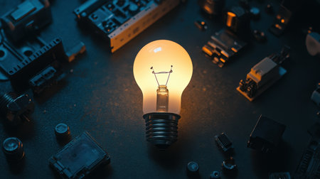 A warm glow emanates from a light bulb at the center, surrounded by various vintage electrical components, showcasing an industrial aesthetic and creative inspiration.の素材