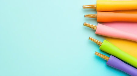 A visually appealing arrangement of colorful soft rubber handles featuring twisted natural fiber cords on a light blue background, ideal for creative projects.の素材