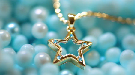 This image showcases an elegant gold star pendant necklace adorned with blue gems, resting on a soft background of blue and white beads, capturing a luxurious and stylish essence.の素材