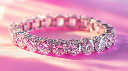 This stunning diamond bracelet showcases exquisite craftsmanship with sparkling stones against a soft pink background, perfect for fashion displays or jewelry collections.の素材