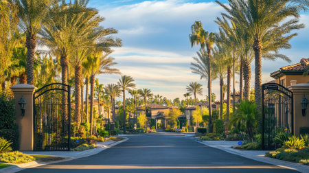 A picturesque view of a luxurious residential community entrance, featuring lush palm trees lining a serene driveway under a bright blue sky.の素材